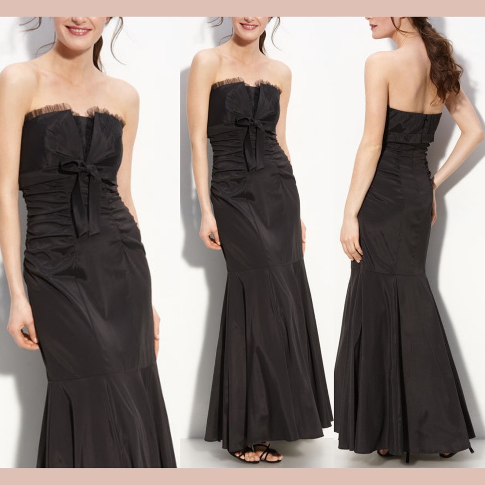 NEW XSCAPE [ 6 ] Strapless Taffeta Mermaid Gown with Bow Detail‎ in Black #Q1201